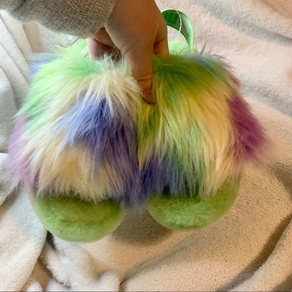 Ugg fluff yeah tie dye fur slides platform slippers size 6 green - Picture 12 of 12